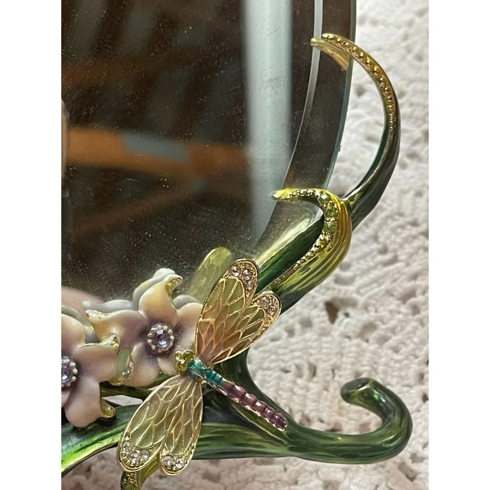 Vtg MCM Dragonfly Mirror Enamel Rhinestone Floral Jewelry Table Top Vanity Decor